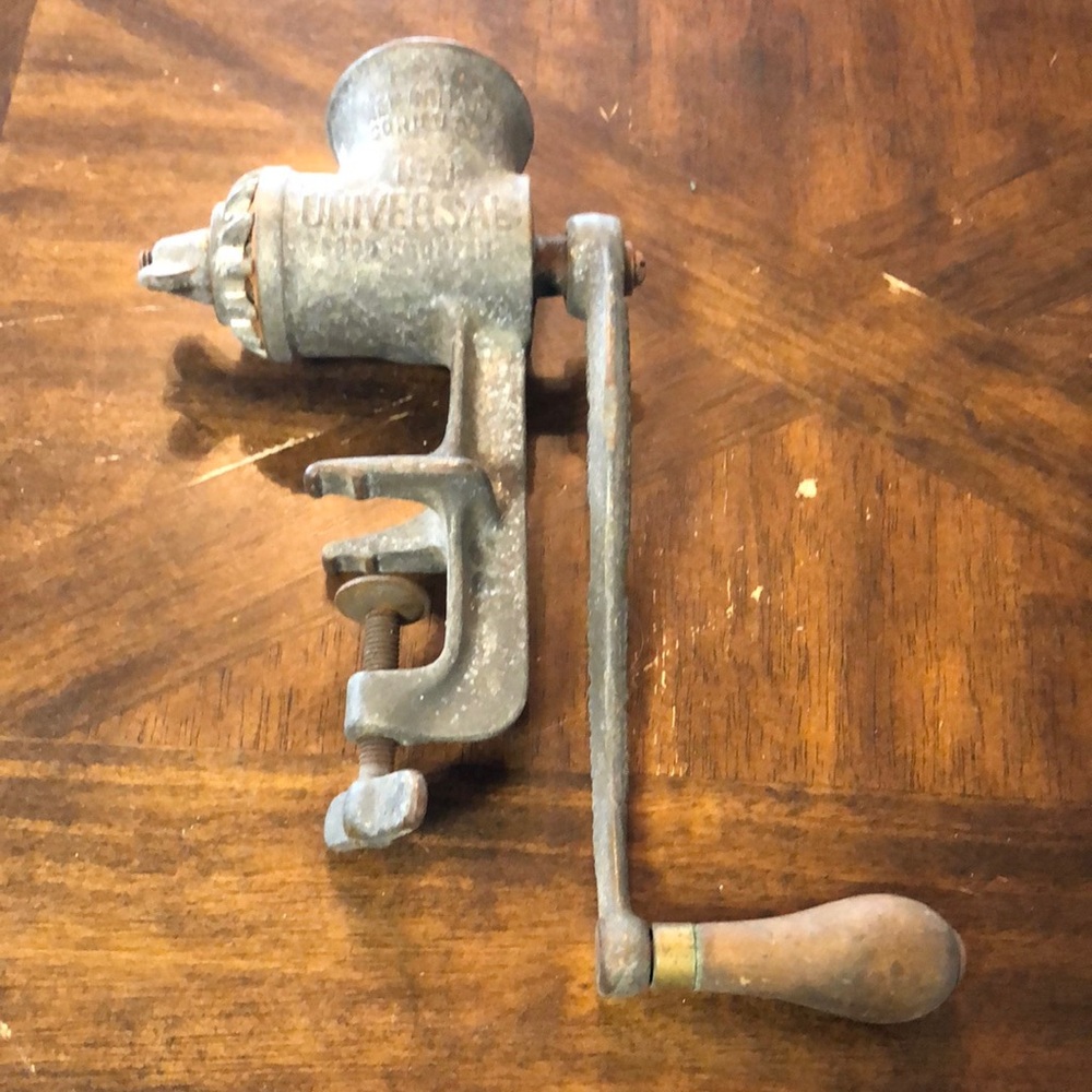 Universal Metal Hand Crank Meat Grinder in Silver and Brown